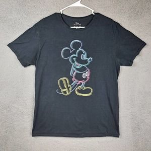 Disney Men's Large Mickey Mouse T-Shirt Short Sleeve Neon Line Art Black